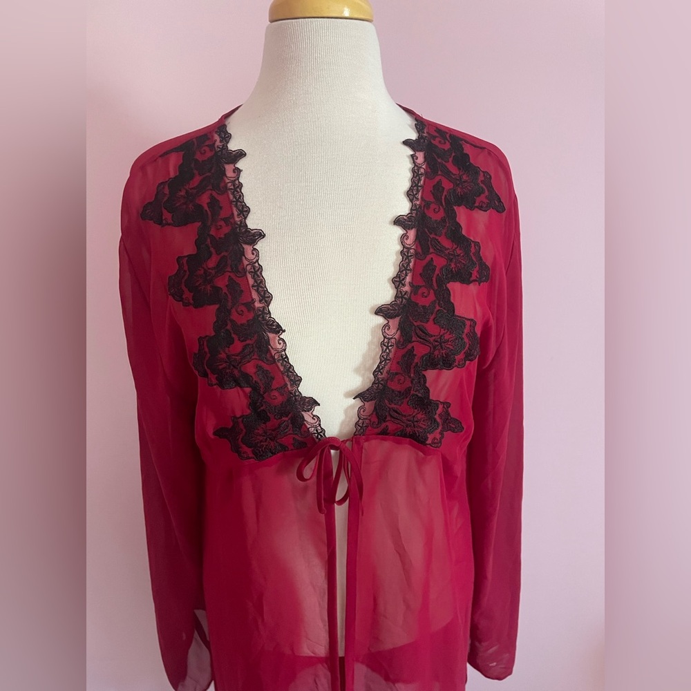 Dark Rose with Black Lace Sheer Short Robe